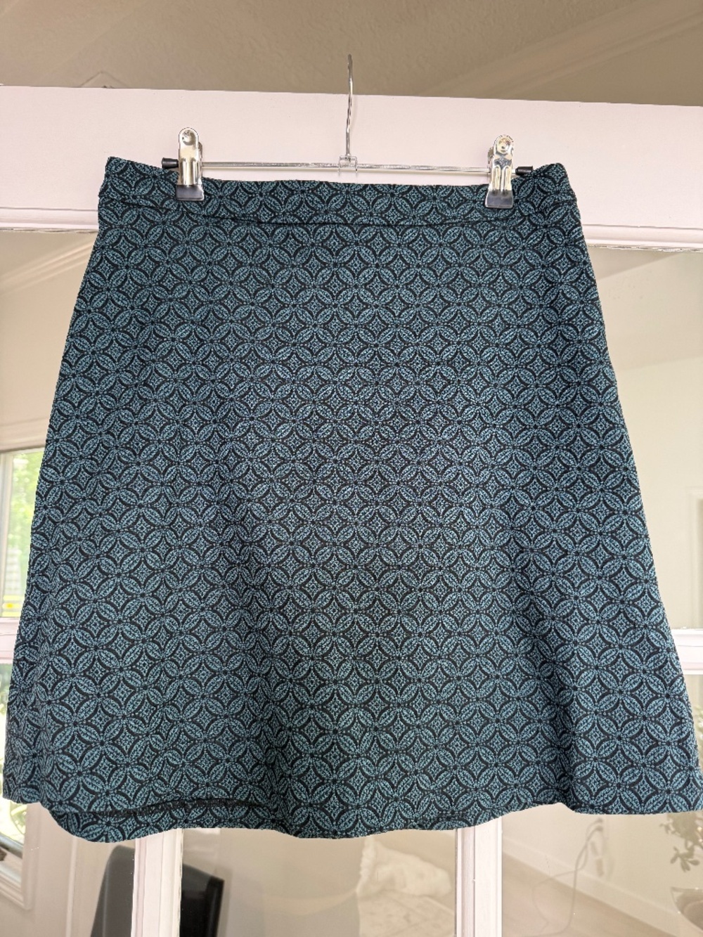 Margaret M Small Navy Geometric Stretch Knit A-Line Skirt | Career Casual